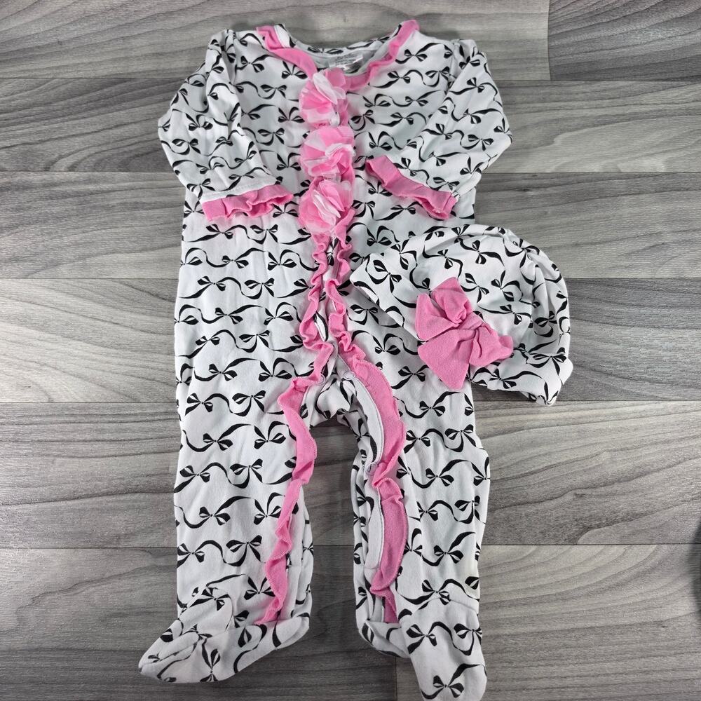 Baby Essentials Bow Footie Sleeper Hat Set Pink White Ruffle Flower 6M EUC
